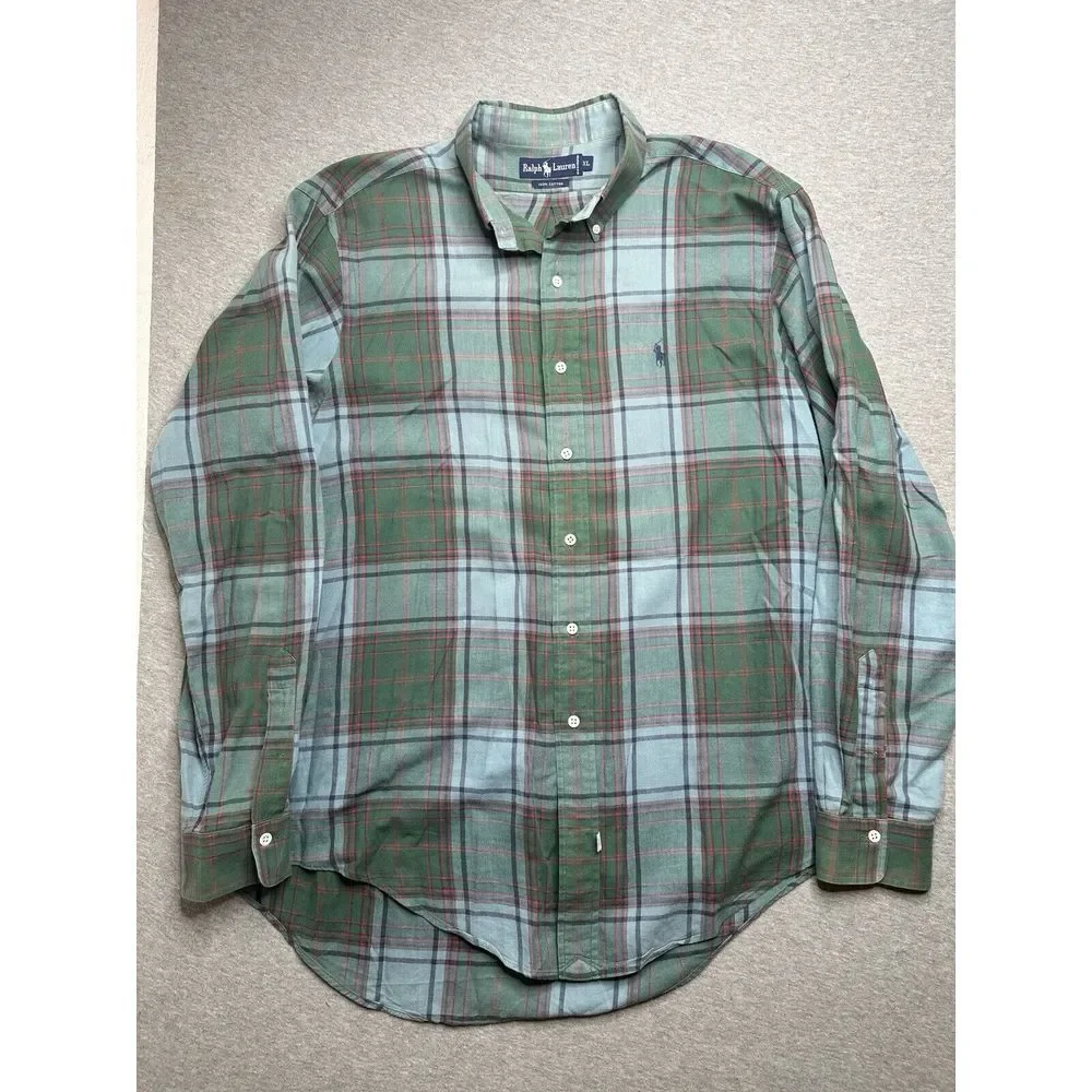 Polo Ralph Lauren Men's XL Green‎ & Blue Red Plaid Long Sleeve Shirt Pony